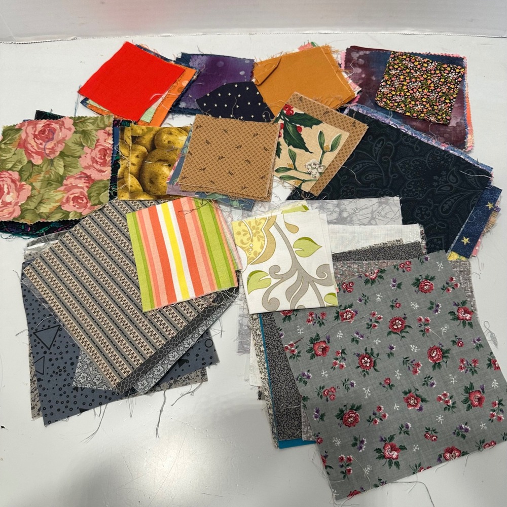 Assorted Cotton Fabric Scraps Charm Squares Quilting Lot Floral Geometric 5.3oz